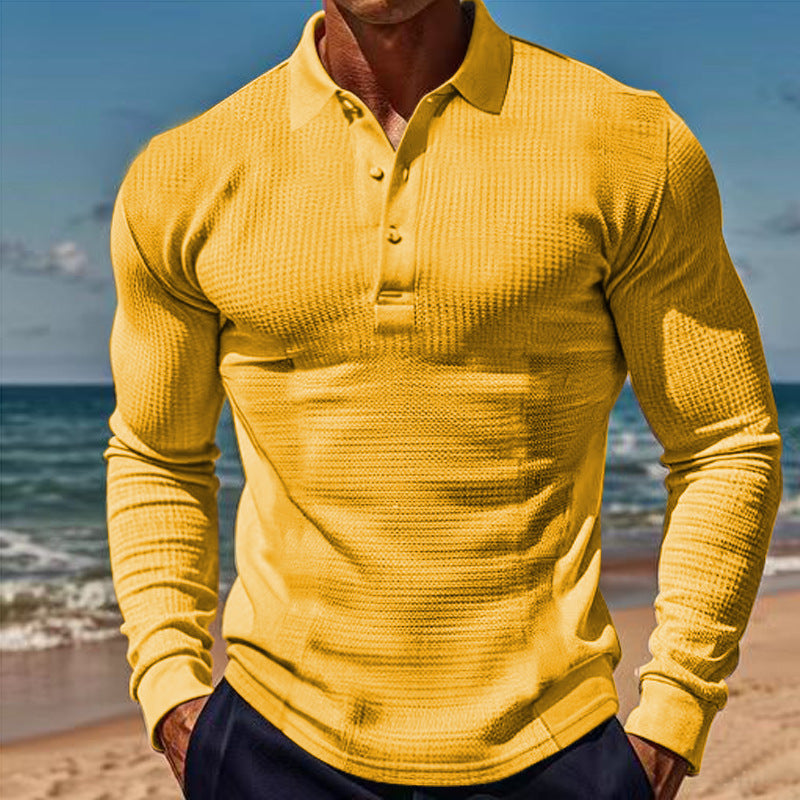 American Men's T-shirt Waffle Casual Polo Collar Button Slim-fit Long Sleeve-12