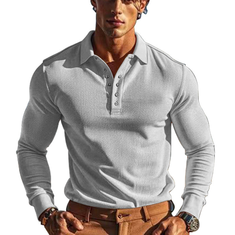 American Men's T-shirt Waffle Casual Polo Collar Button Slim-fit Long Sleeve-3