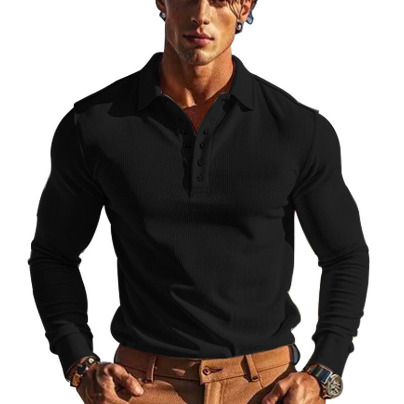 American Men's T-shirt Waffle Casual Polo Collar Button Slim-fit Long Sleeve-4