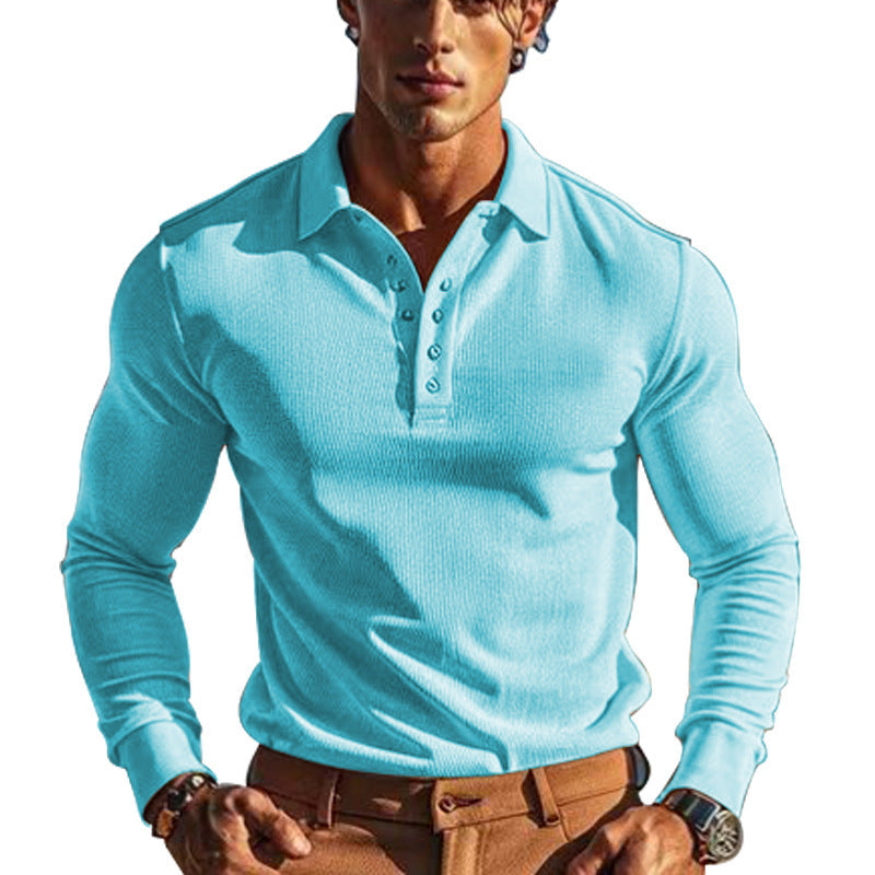 American Men's T-shirt Waffle Casual Polo Collar Button Slim-fit Long Sleeve-6