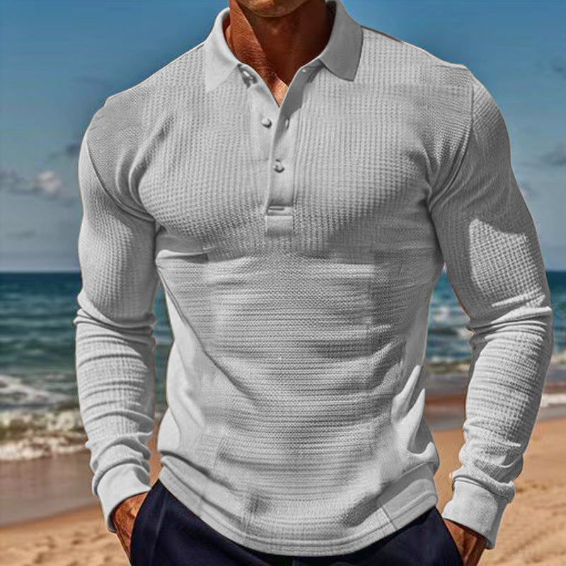 American Men's T-shirt Waffle Casual Polo Collar Button Slim-fit Long Sleeve-9