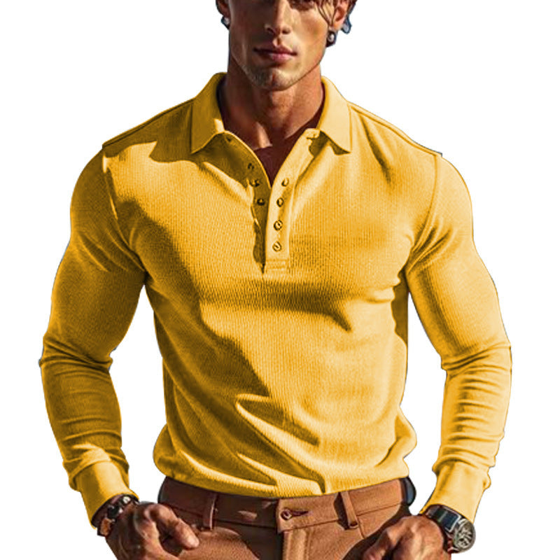 American Men's T-shirt Waffle Casual Polo Collar Button Slim-fit Long Sleeve-5