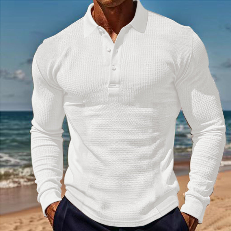 American Men's T-shirt Waffle Casual Polo Collar Button Slim-fit Long Sleeve-11